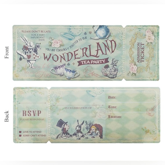 Vintage tea party invitations Alice In Wonderland Disney Theme DIY party invite - Picture 2 of 5